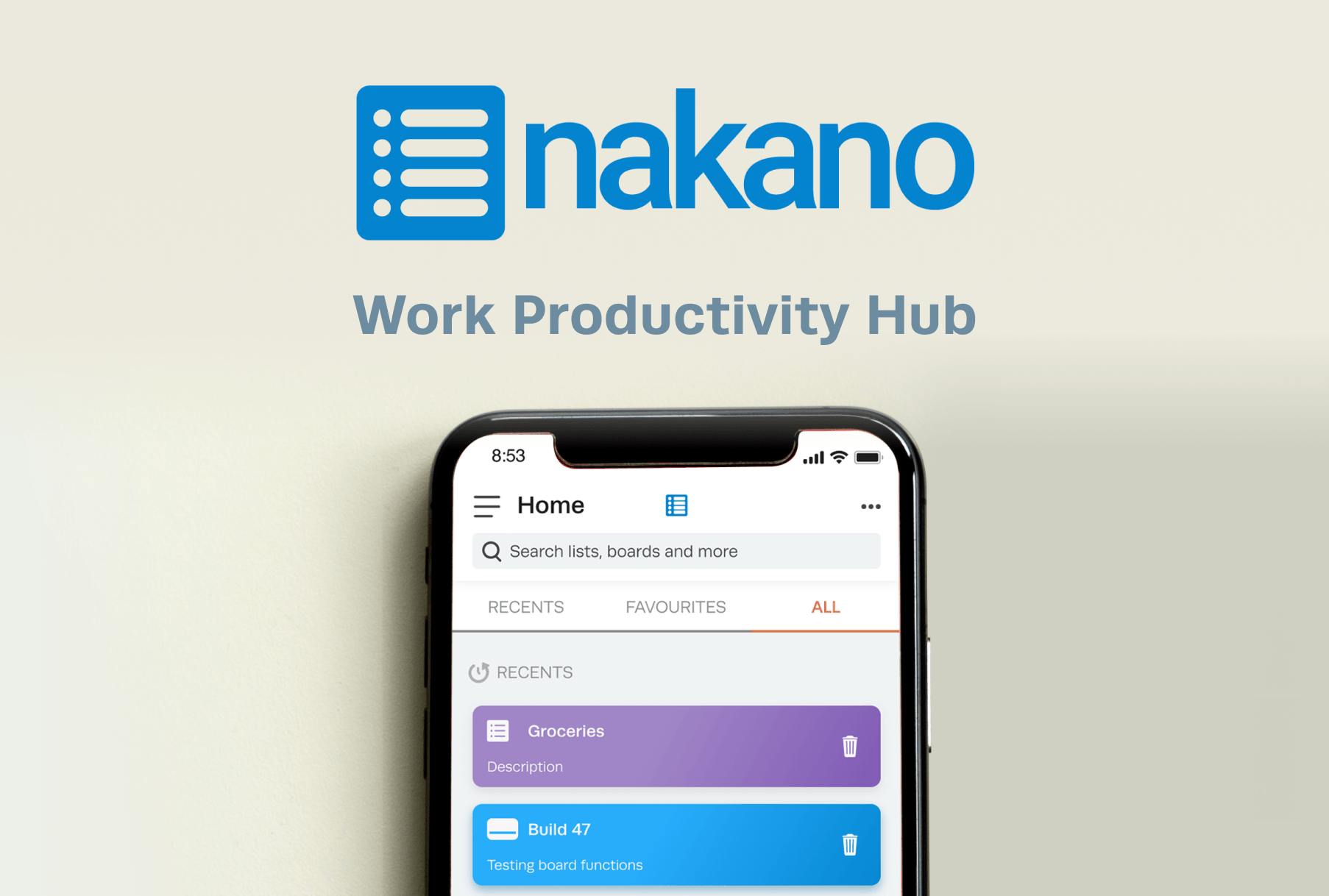 A phone with the nakano work productivity hub app on it