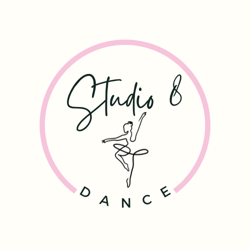 A logo for a dance studio with a ballerina in a pink circle.