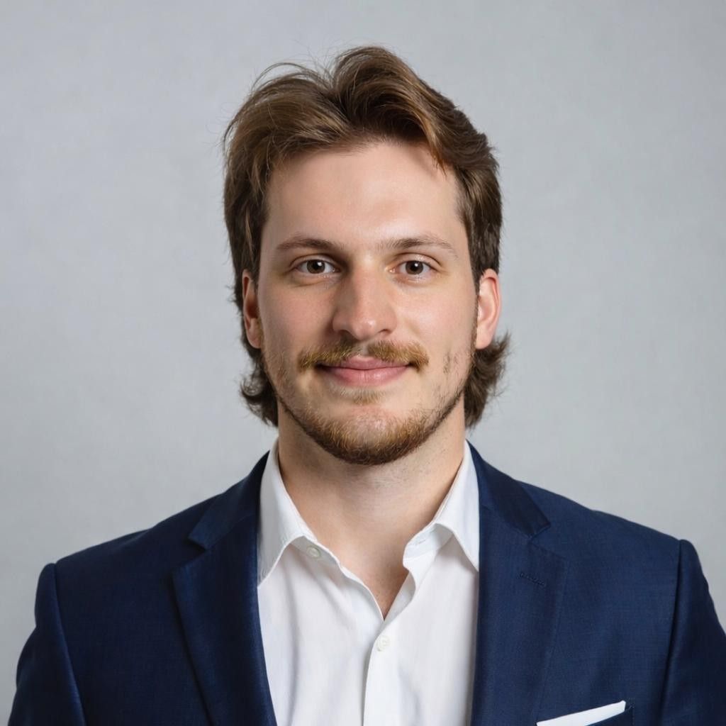 Man in a suit smiles at the camera against a gray backdrop. Red tie, short brown hair and beard.