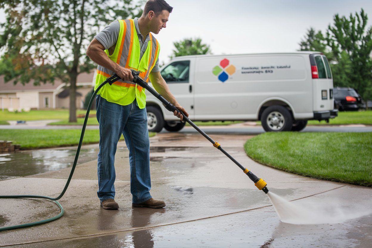 A man is using a high pressure washer to clean a sidewalk in front of a van.