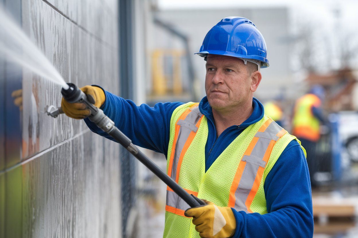 A construction worker is cleaning a wall with a high pressure washer.