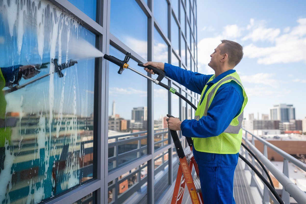 A man is cleaning the windows of a building with a high pressure washer.