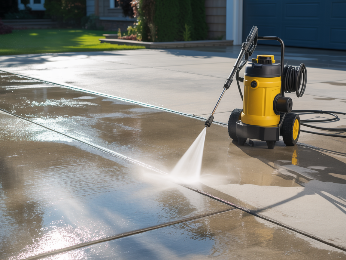 A mop is sitting on top of a yellow cleaning cart.