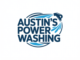 Logo for Austin's Power Washing, blue and white, with a power washer spraying water within a circle.