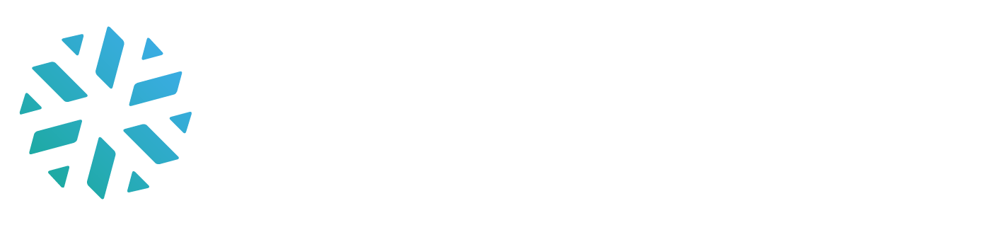 A blue and white logo on a white background.