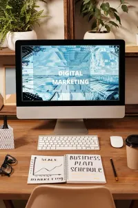 Desktop monitor displaying “Digital Marketing” on a wooden desk with notebooks, keyboard, and mouse