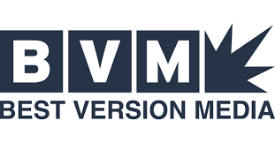 BVM logo with bold white letters in dark blue squares and a stylized maple leaf; “BEST VERSION MEDIA” beneath