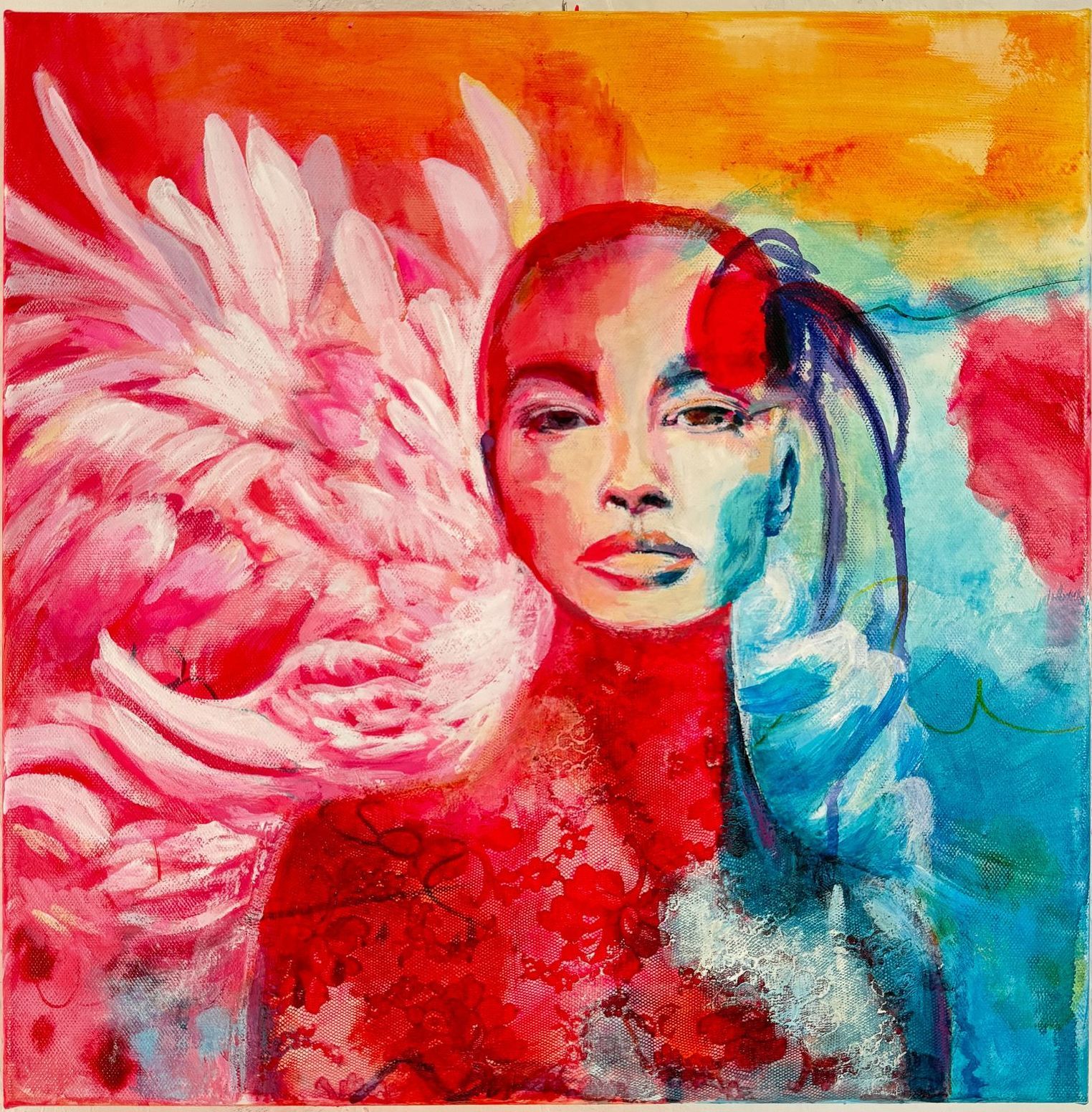 A colorful painting of a woman with white wings