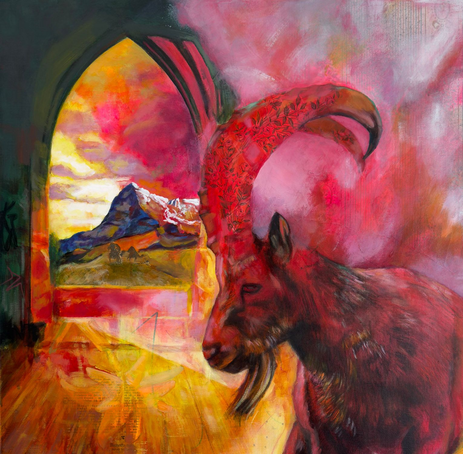Red ibex in front of an archway framing a mountain vista. Vibrant, warm colors.