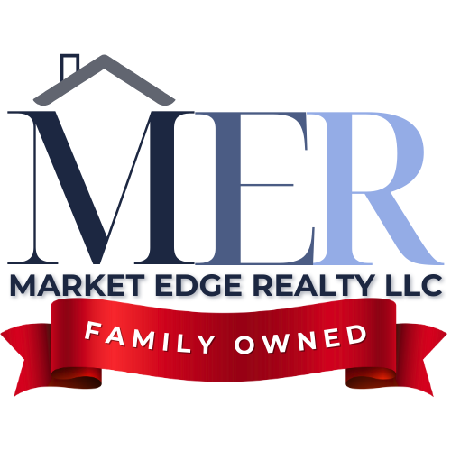 Logo for Market Edge Realty LLC, featuring "MER" letters with a house icon, red banner saying "FAMILY OWNED."