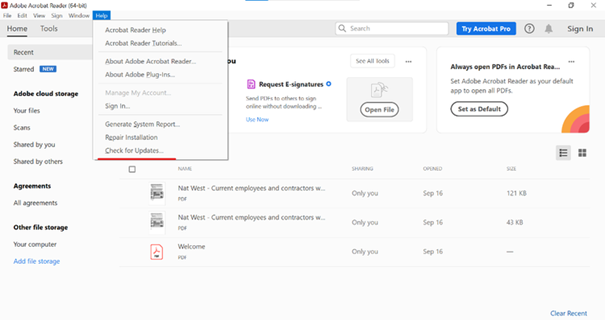 Check for updates Adobe Acrobat