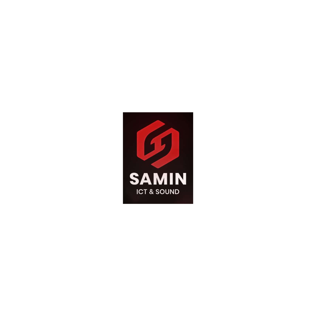 Een rood en zwart logo voor Samin IcT & Sound