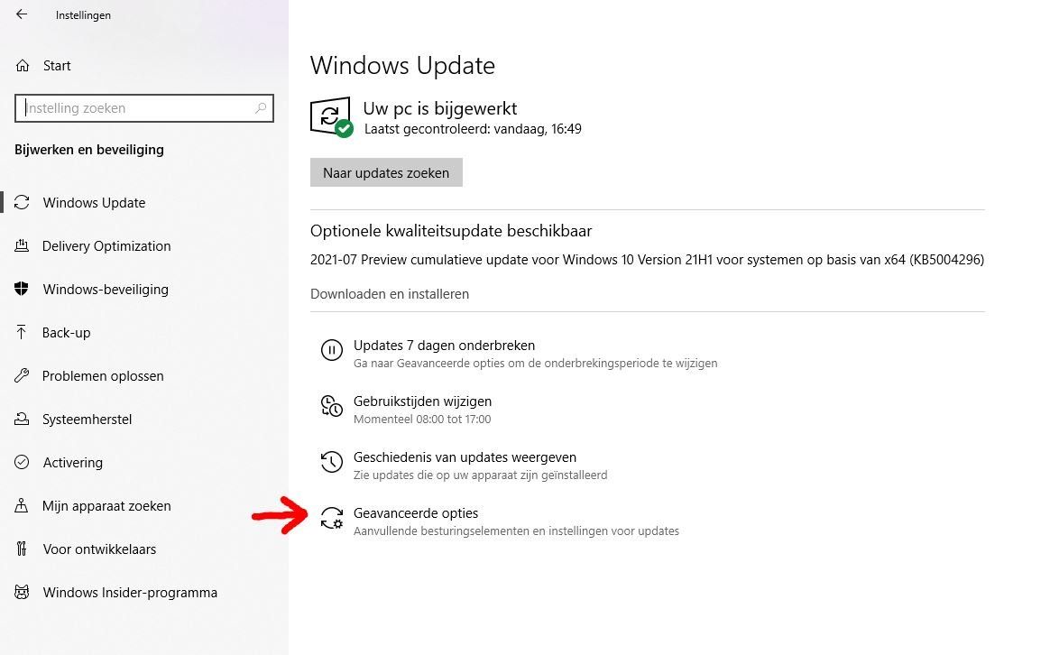 Windows update geavanceerde opties