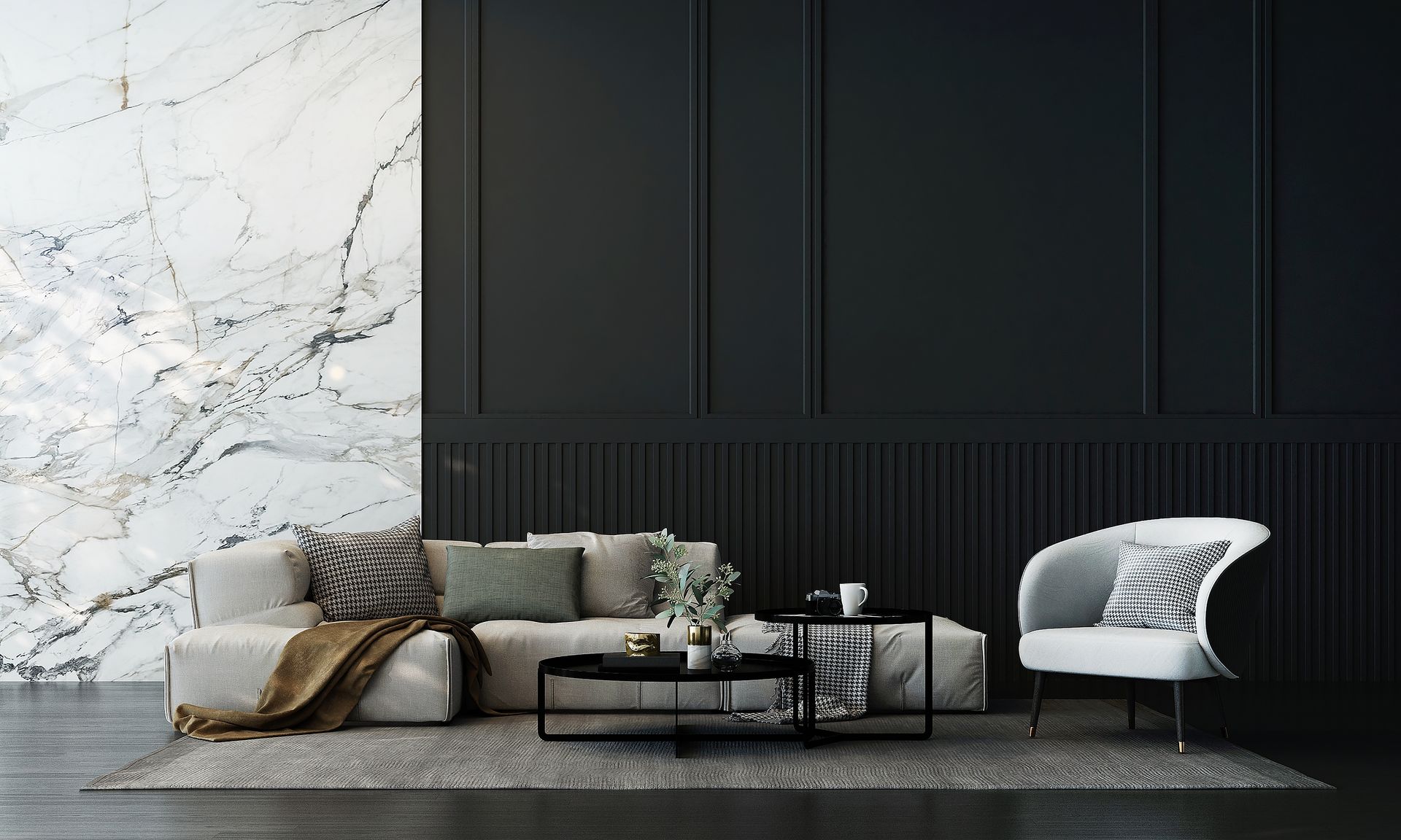Living room with a white sofa, marble wall, black accent wall, and modern furniture.