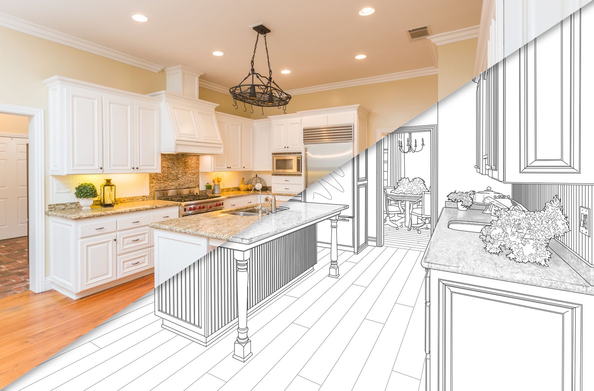 Kitchen interior, half-rendered in color, half-sketch, showing cabinets, island, appliances, and a chandelier.