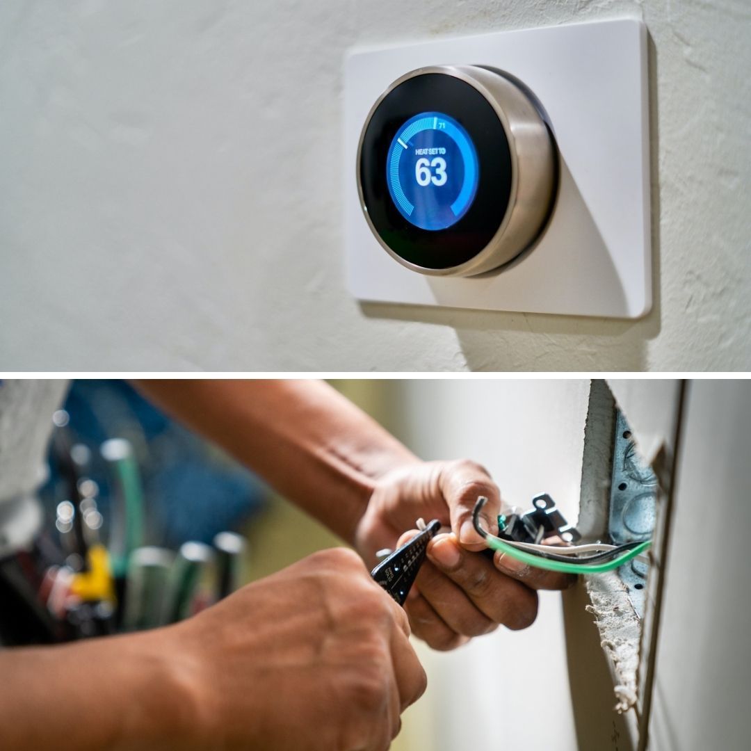 A wall-mounted smart thermostat displaying 63 degrees above a close-up of hands using pliers to work on electrical wiring.