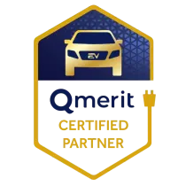 Qmerit Certified Partner logo: a golden hexagon outline with a gold electric car icon and plug, on a dark blue background.