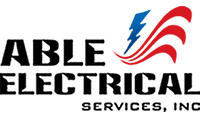 Logo for Able Electrical Services, Inc., featuring black text and a blue lightning bolt with red stylized wings.