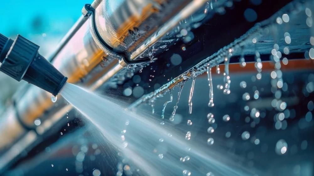 A high pressure washer is spraying water on a pipe.