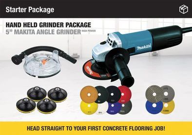 Starter package for concrete flooring with a Makita angle grinder, grinding discs and vacuum attachment.