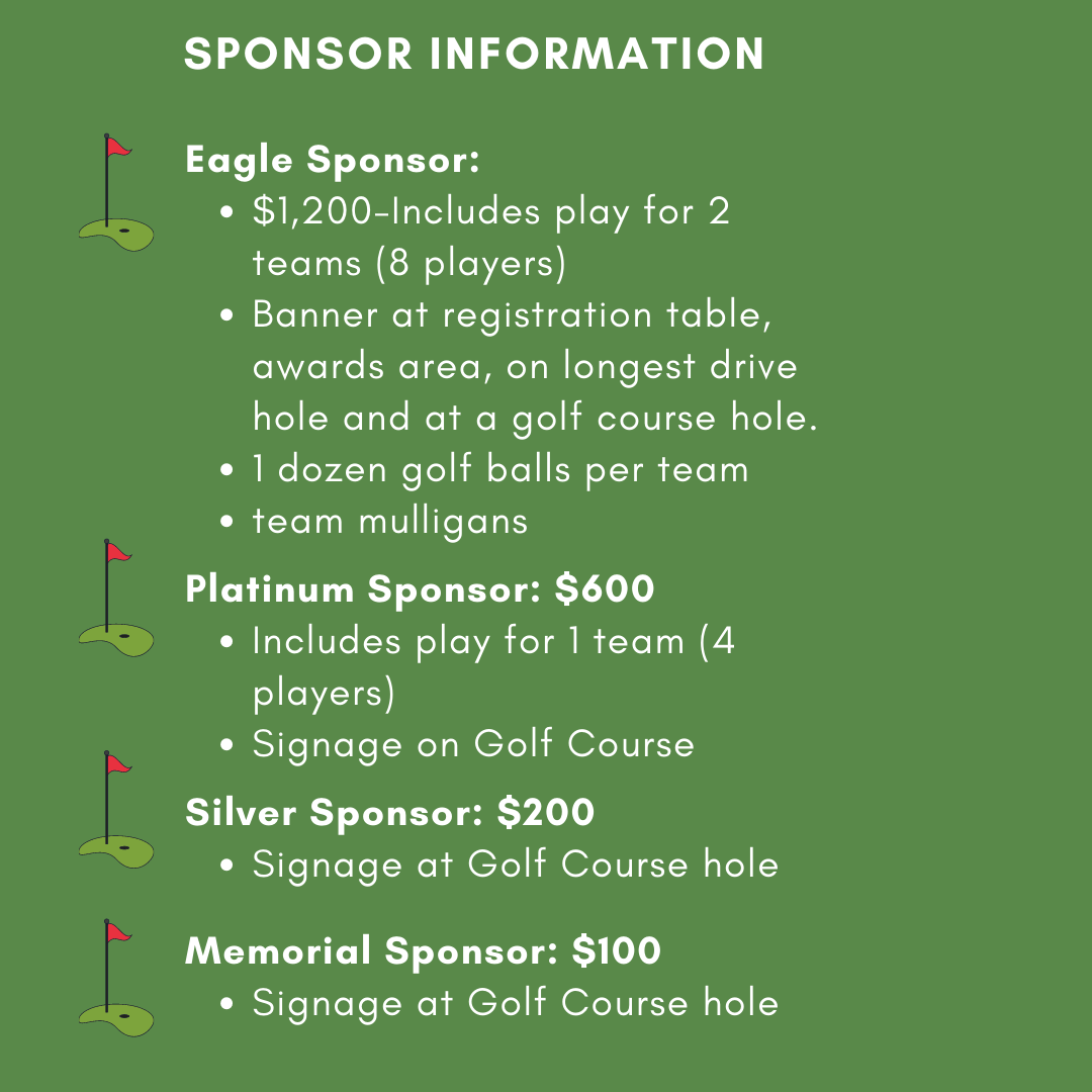 Sponsorship information for a golf event, detailing levels from $100 to $1200, including signage and play benefits.