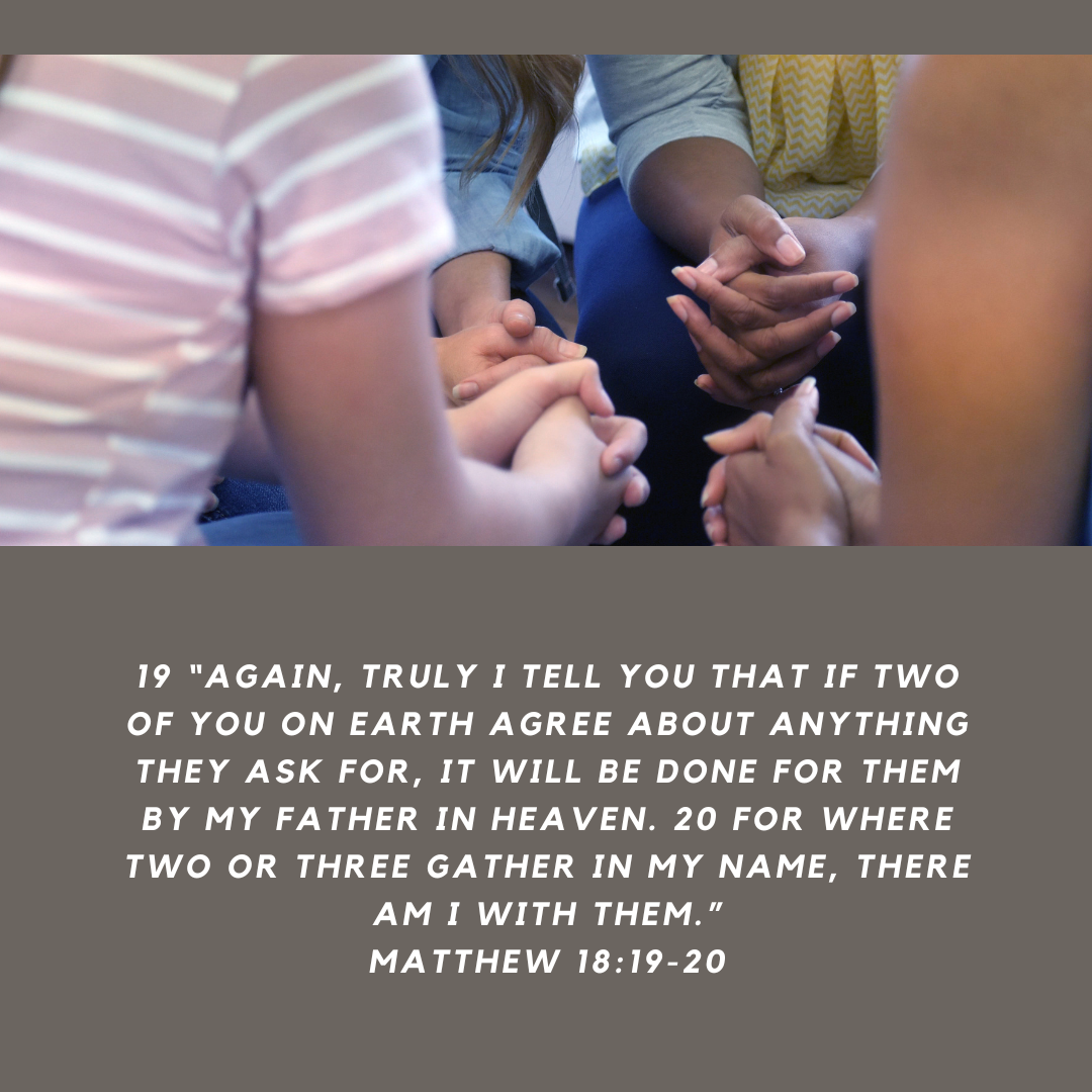 People holding hands in a circle, with a Bible verse on a light brown background. The verse is Matthew 18:19-20.