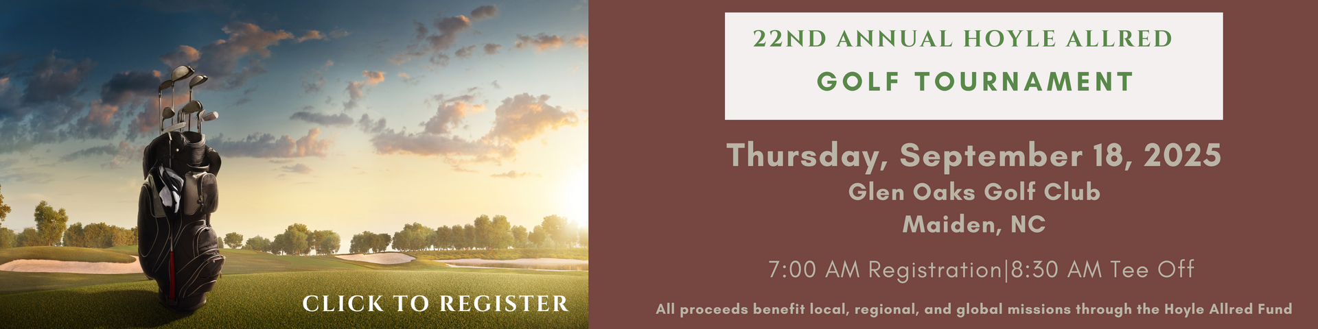 Golf tournament flyer with a golf bag on a green field. It advertises the 22nd Annual driver allied golf tournament on September 18, 2025, in Wilson, NC.