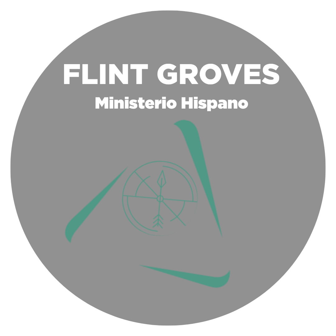 Logo for Flint Groves Hispanic Ministry, featuring text on a grey circle with teal geometric design.