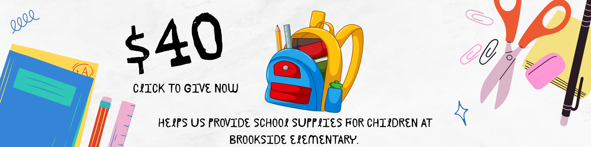 Back-to-school graphic with a $40 price tag, backpack, notebook, scissors, and school supplies.