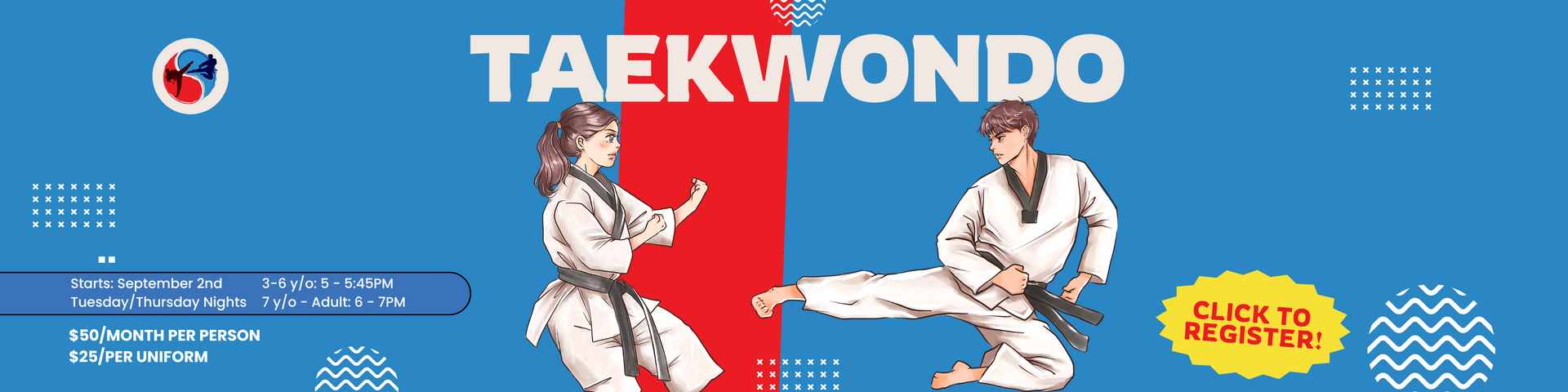 Banner featuring Taekwondo athletes in action. Blue and red background with text and an oval with 