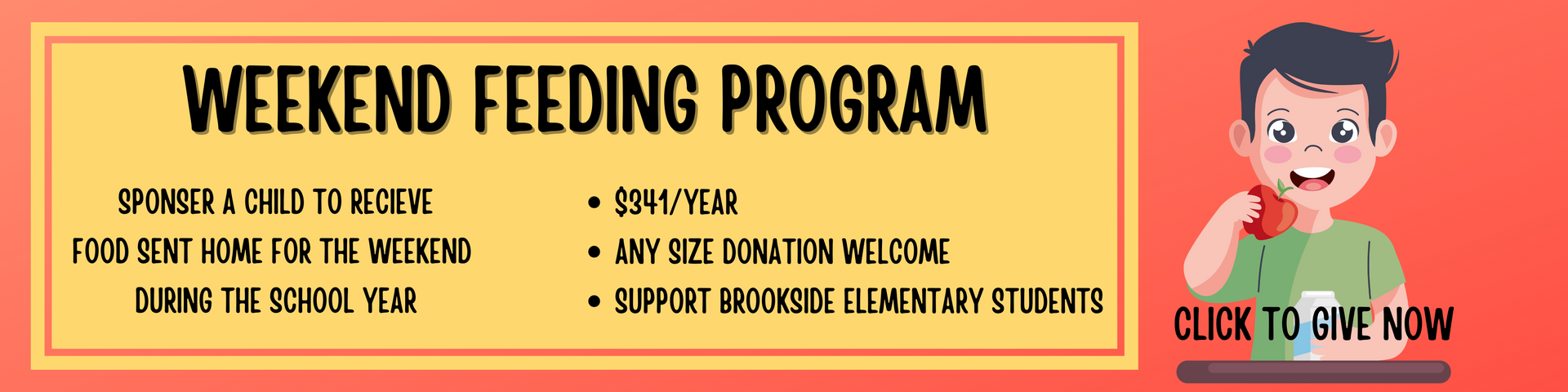 Promotional graphic for a weekend feeding program. Includes text, a cartoon boy holding food, and a call to donate.