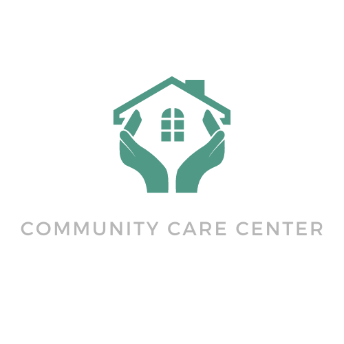 Logo for Community Care Center: teal hands cradling a teal house with a window, 
