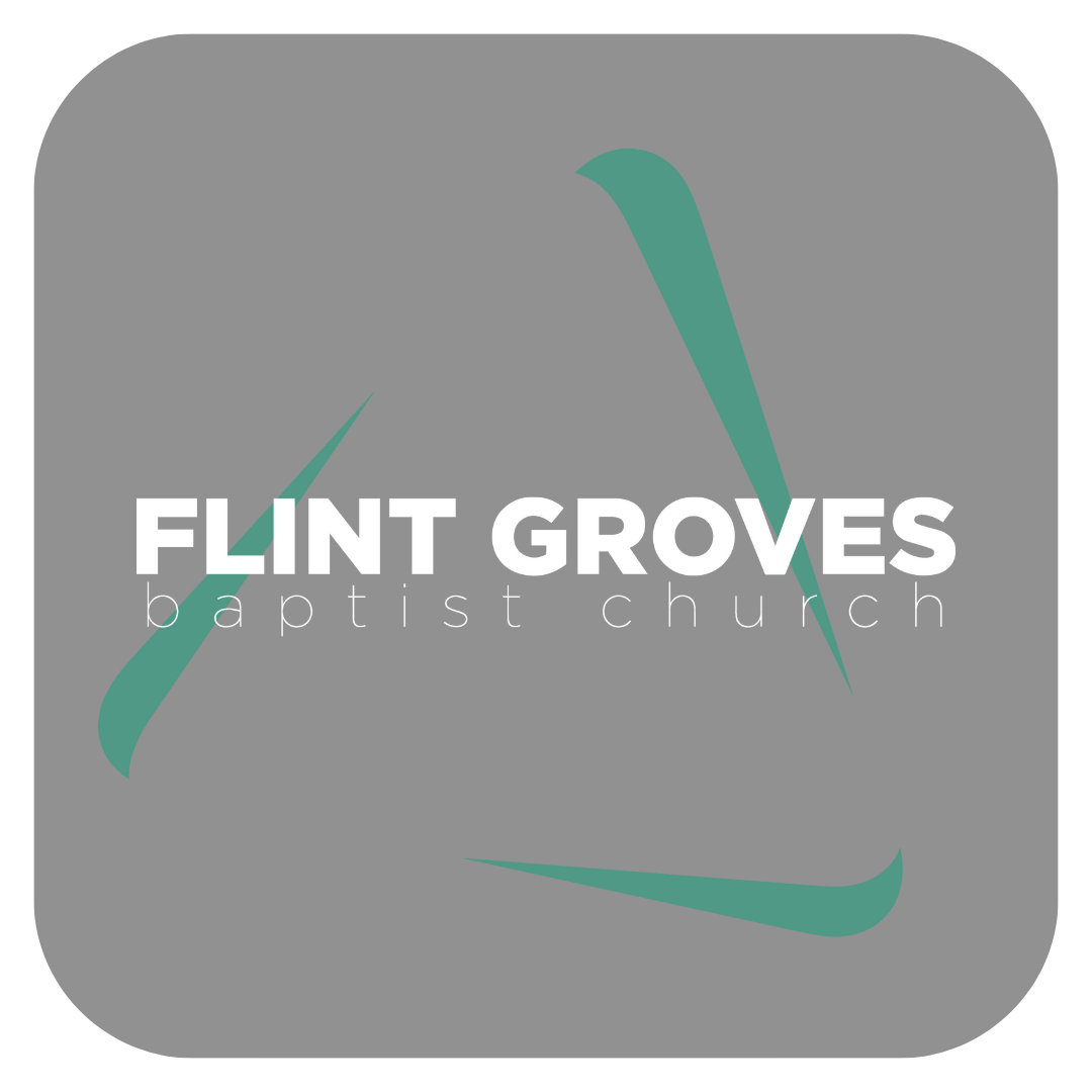 Logo for Flint Groves Baptist Church. Gray background with teal triangle design and white text.