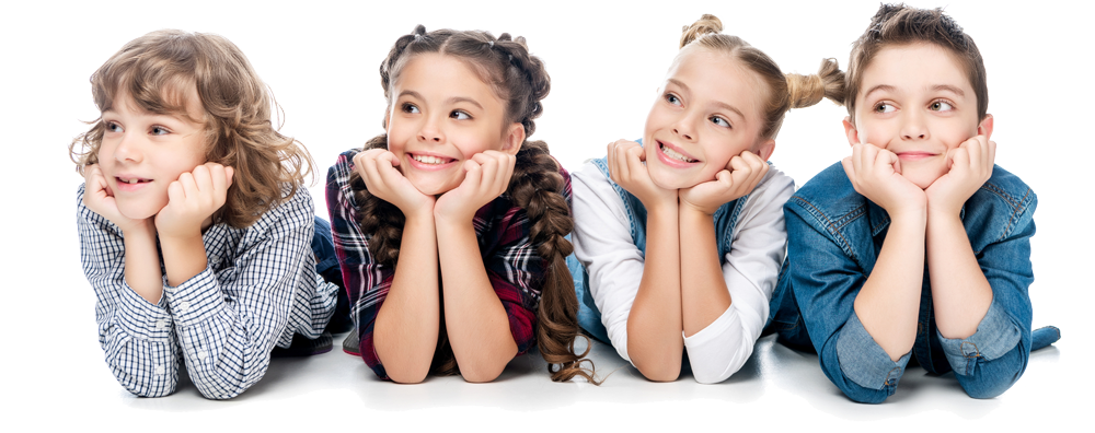 A group of children are laying on the floor with their hands on their chins.