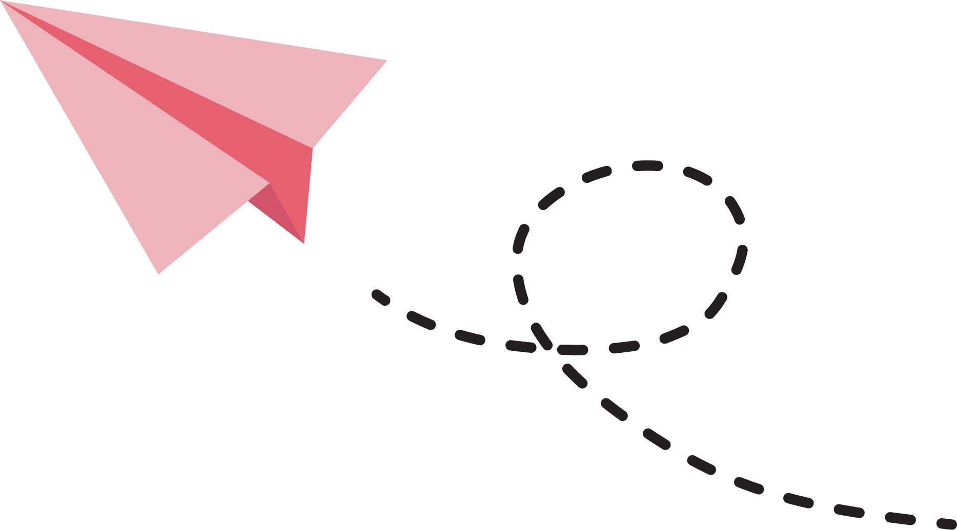 A pink paper airplane is flying through the air with a dotted line behind it.