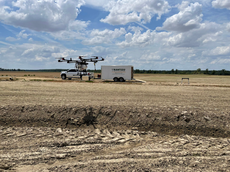 Rantizo application services contractor Dickens Ag Drone flies over rice levees in Jonesboro Arkansas