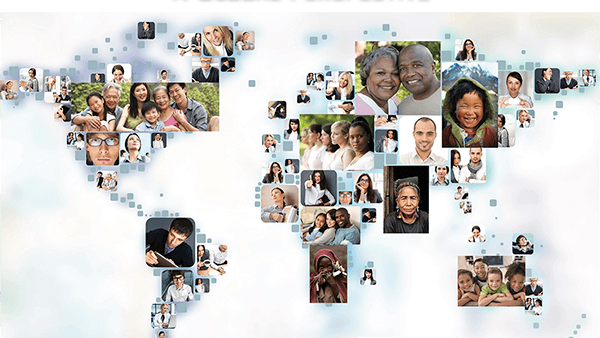 Global community portrait collage on a World Map