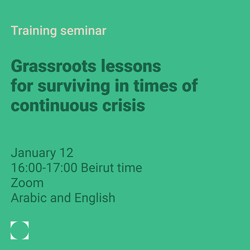 A poster for a training seminar on grassroots lessons for surviving in times of continuous crisis