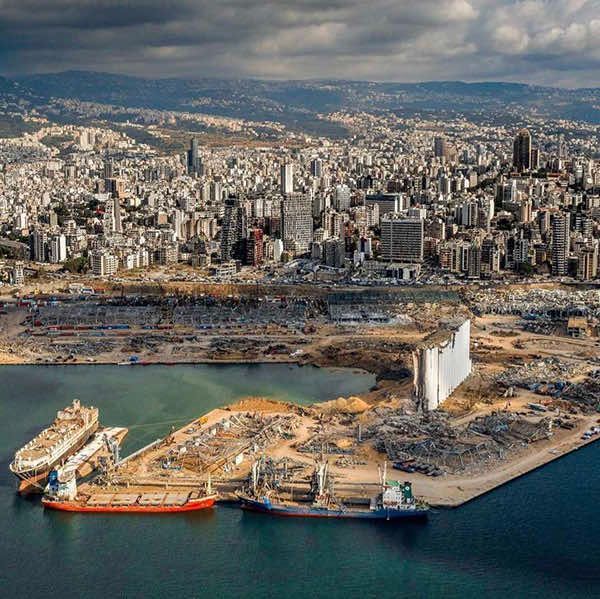 An aerial view of the beirut port after the explosion