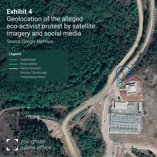 an aerial view of the alleged eco-activist protest by satellite imagery and social media