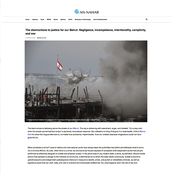 A screenshot from Annahar Newspaper featuring Lynn Zovighian’s article with an image of the Lebanese flag rising at the Beirut port explosion site