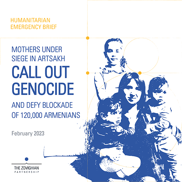 An illustration of a cover photo of the emergency humanitarian brief titled, Mothers under siege in Artsakh call out genocide and defy blockade of 120,000 Armenians featuring a mother hugging her three children