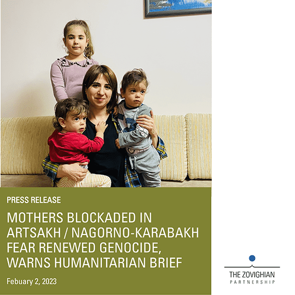 Featuring a mother hugging her three children, a press release titled mothers blockaded in Artsakh
