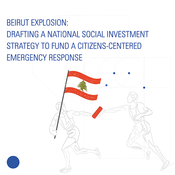 A cover photo of working paper by the ZP Public Office on the national investment strategy for Lebanon, featuring an outlined illustration of two people running and holding the Lebanese flag