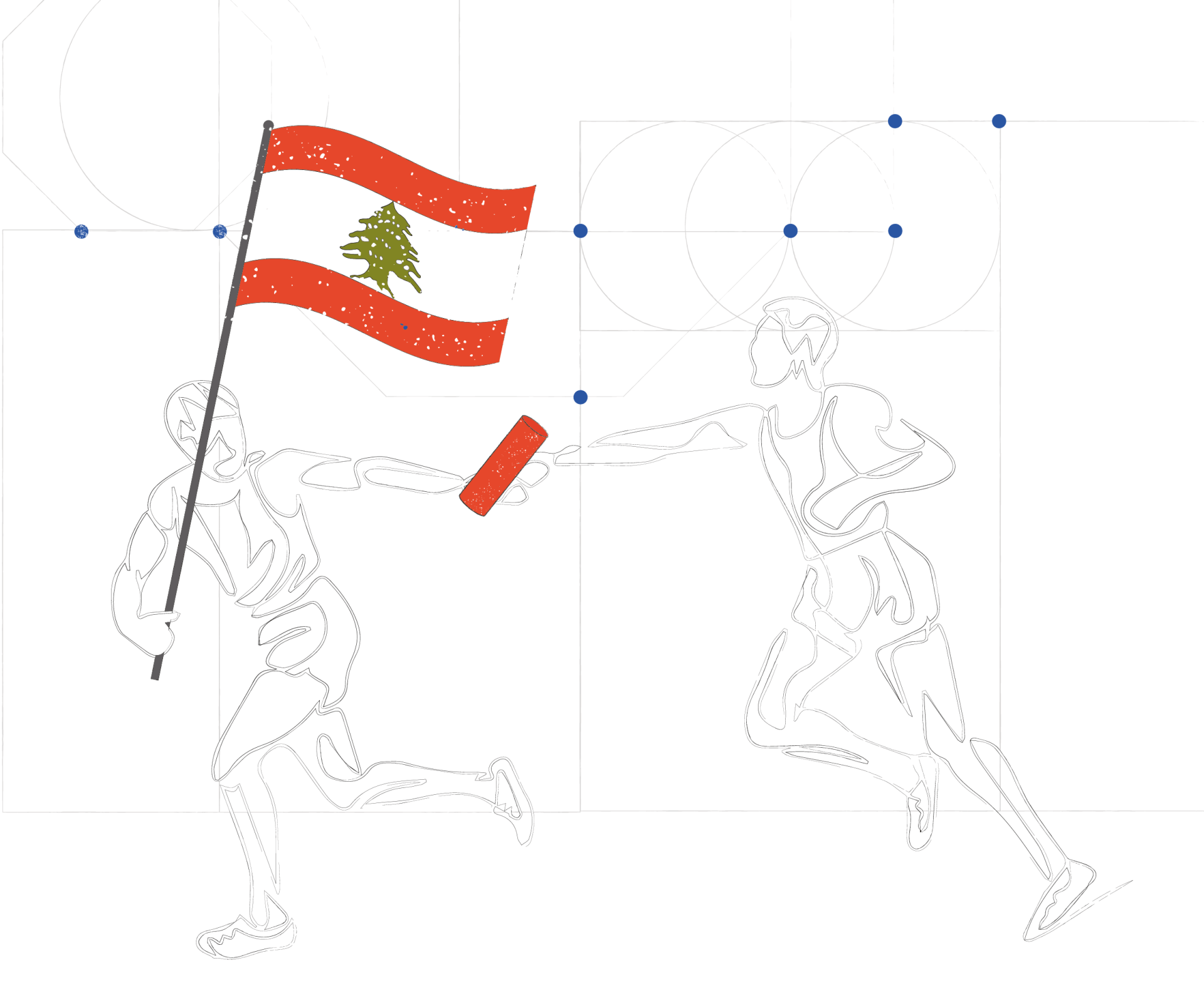 Illustration of two citizens raising the Lebanese flag
