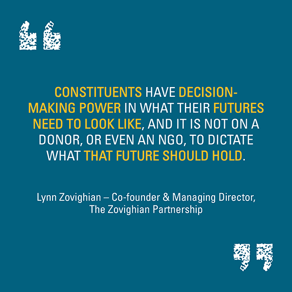 An illustration of a quote by Lynn Zovighian reading constituents have co-decision making power in what their futures need to look like.