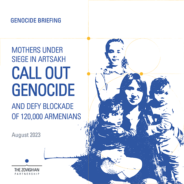An illustration of the cover photo of a genocide brief featuring a mother holding her children