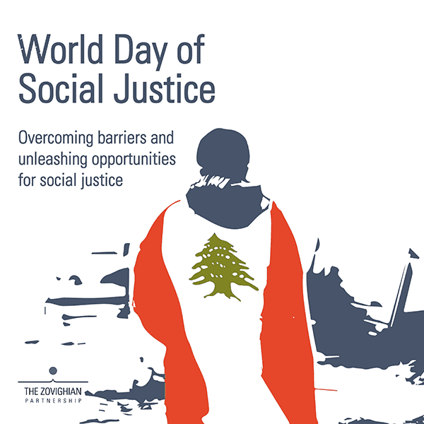An illustration by The Zovighian Partnership on the occasion of the World Day of Social Justice, featuring a citizen wearing the Lebanese national flag on his shoulders