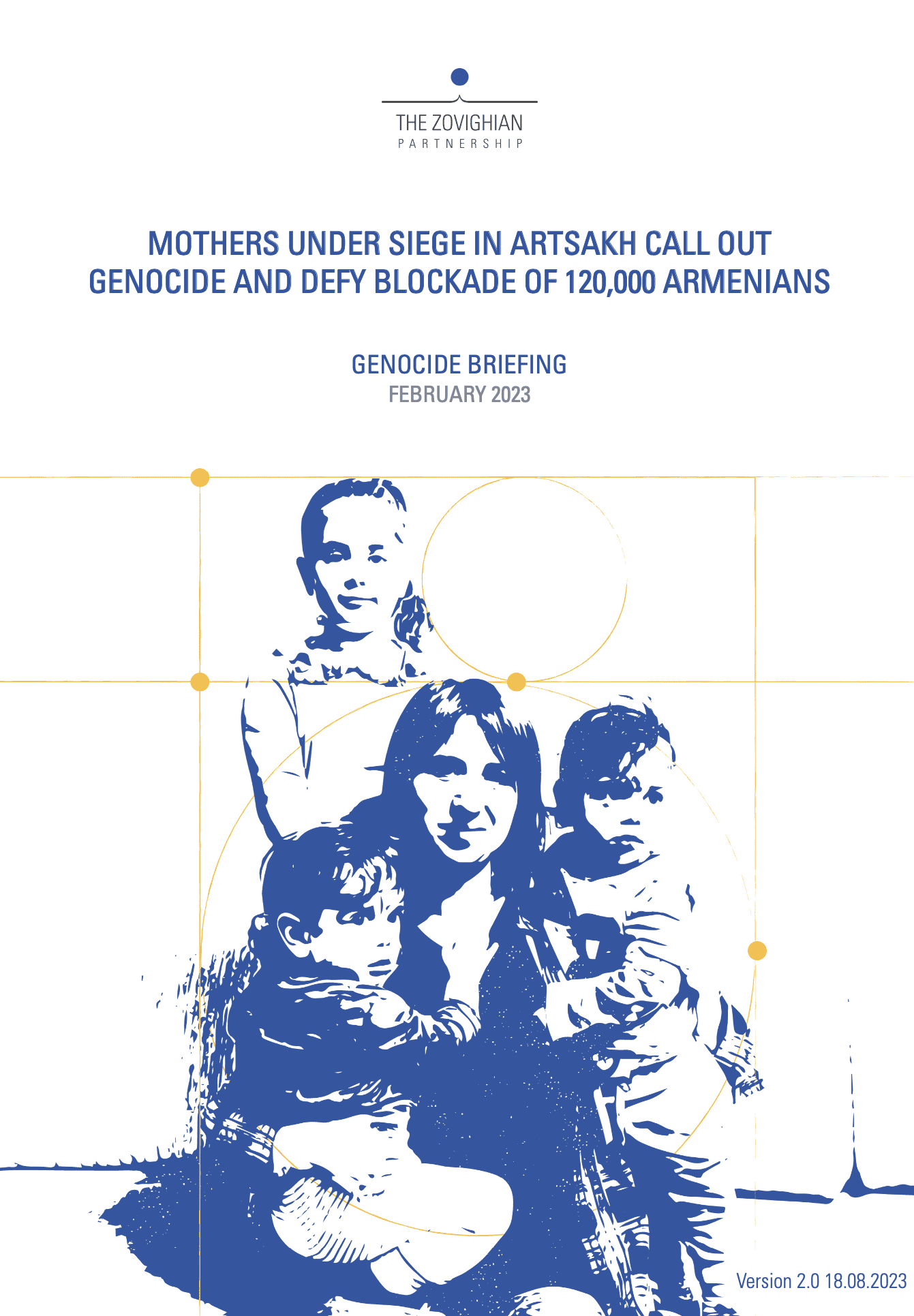 Cover screenshot of report depicting a graphic illustration of a woman with her 3 children in Artsakh