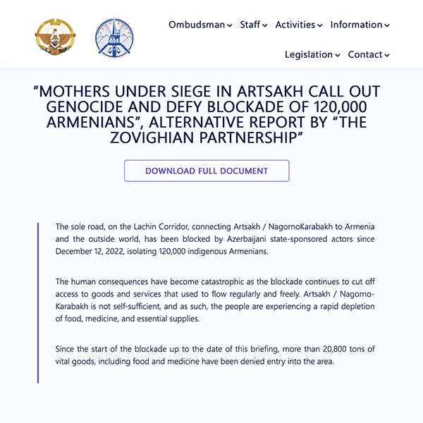 A screenshot from the Human Rights Ombudsman in Artsakh website